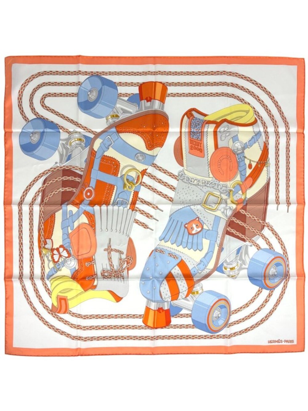Hermes Carre 90 Derby Scarf 2000 Silk Orange Multicolor